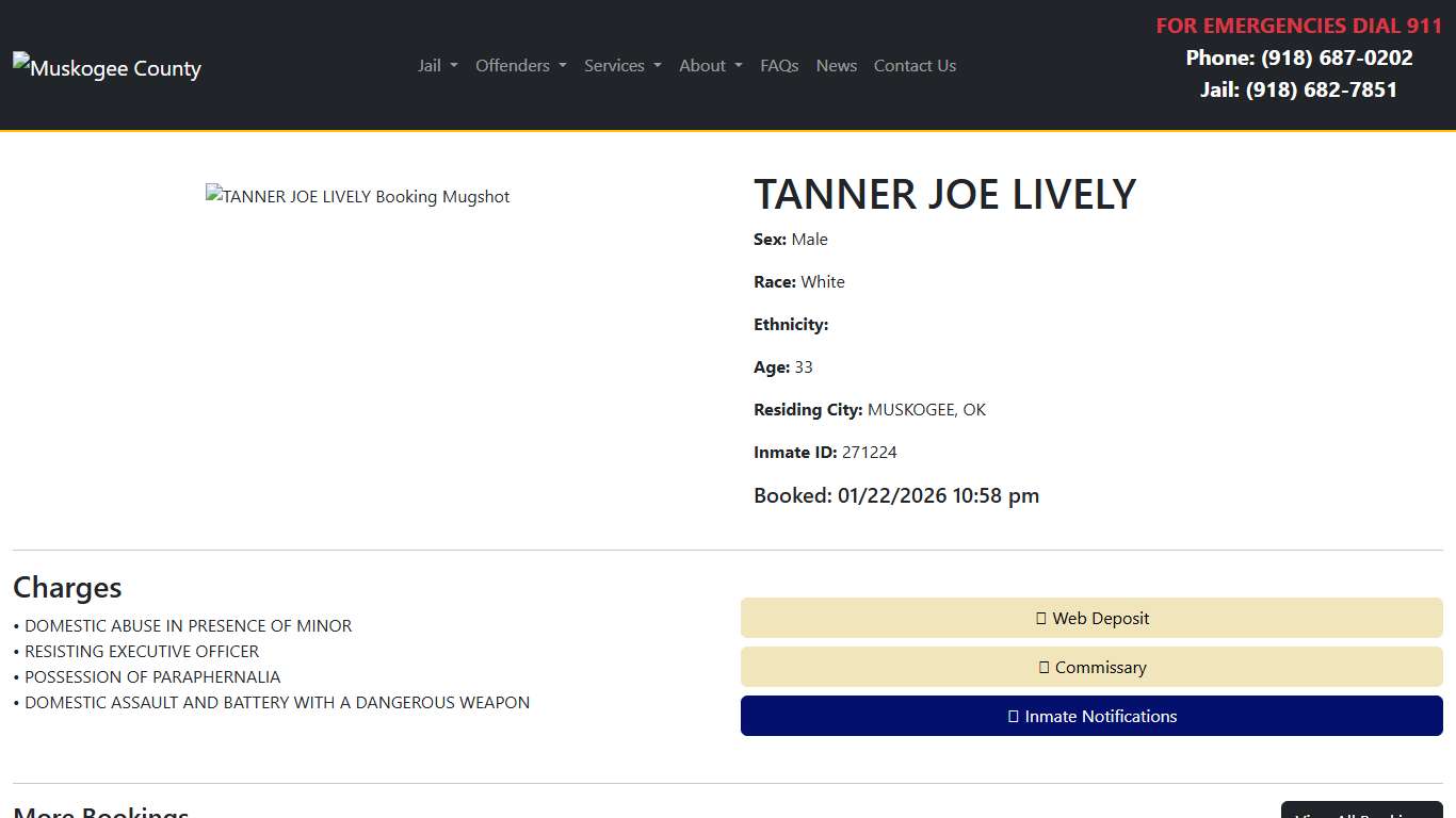 TANNER LIVELY Booked at the Muskogee County Jail